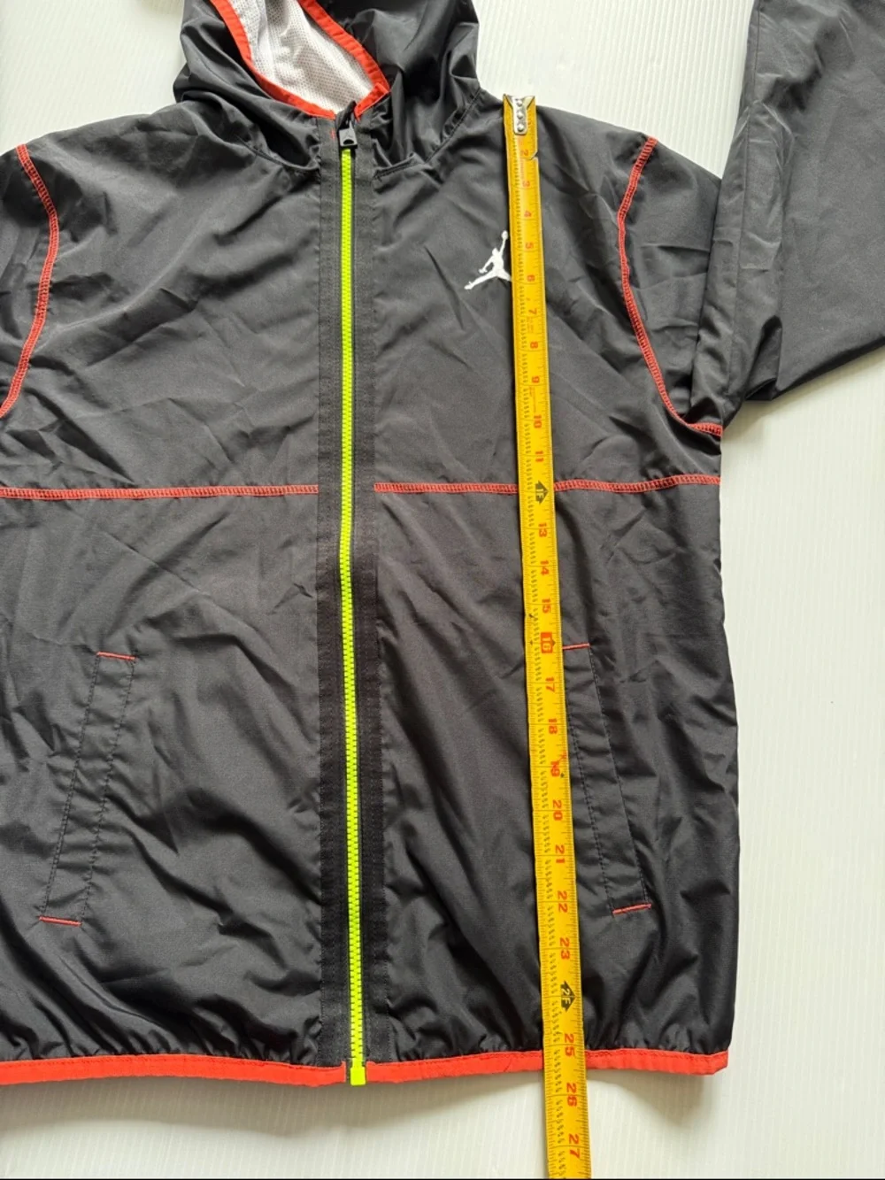 Air Jordan Black, hooded Windbreaker Jacket with Neon Zip. Youth Size XL